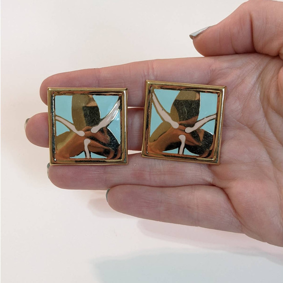 Vintage 80s Statement Earrings Large Gold Tone Metal Enamel Square Signed L Bott - Picture 3 of 7